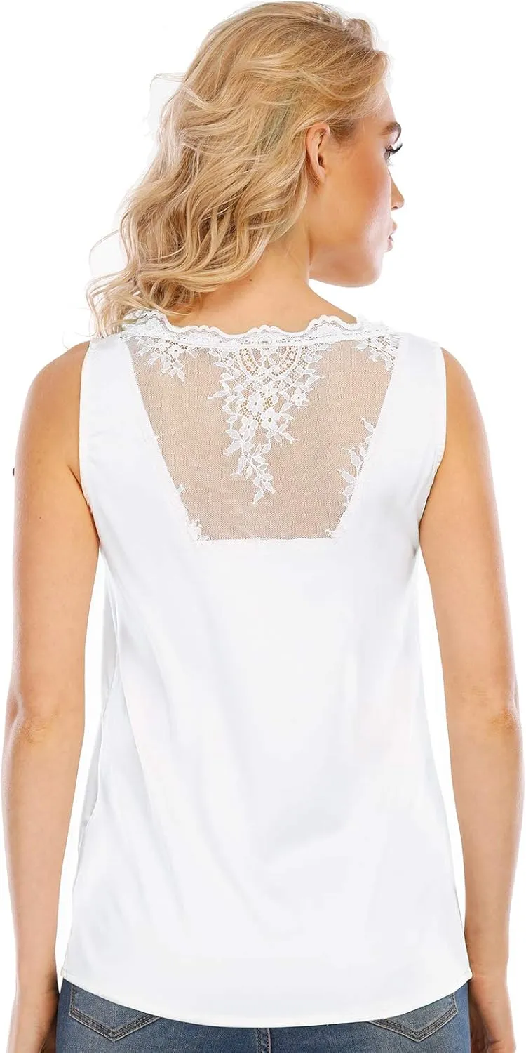 Miqieer Women's Silk V Neck Camisole Lace Racerback Tank Tops Casual Loose Sleeveless Blouse Shirts