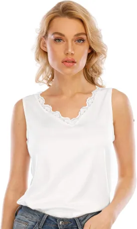 Miqieer Women's Silk V Neck Camisole Lace Racerback Tank Tops Casual Loose Sleeveless Blouse Shirts