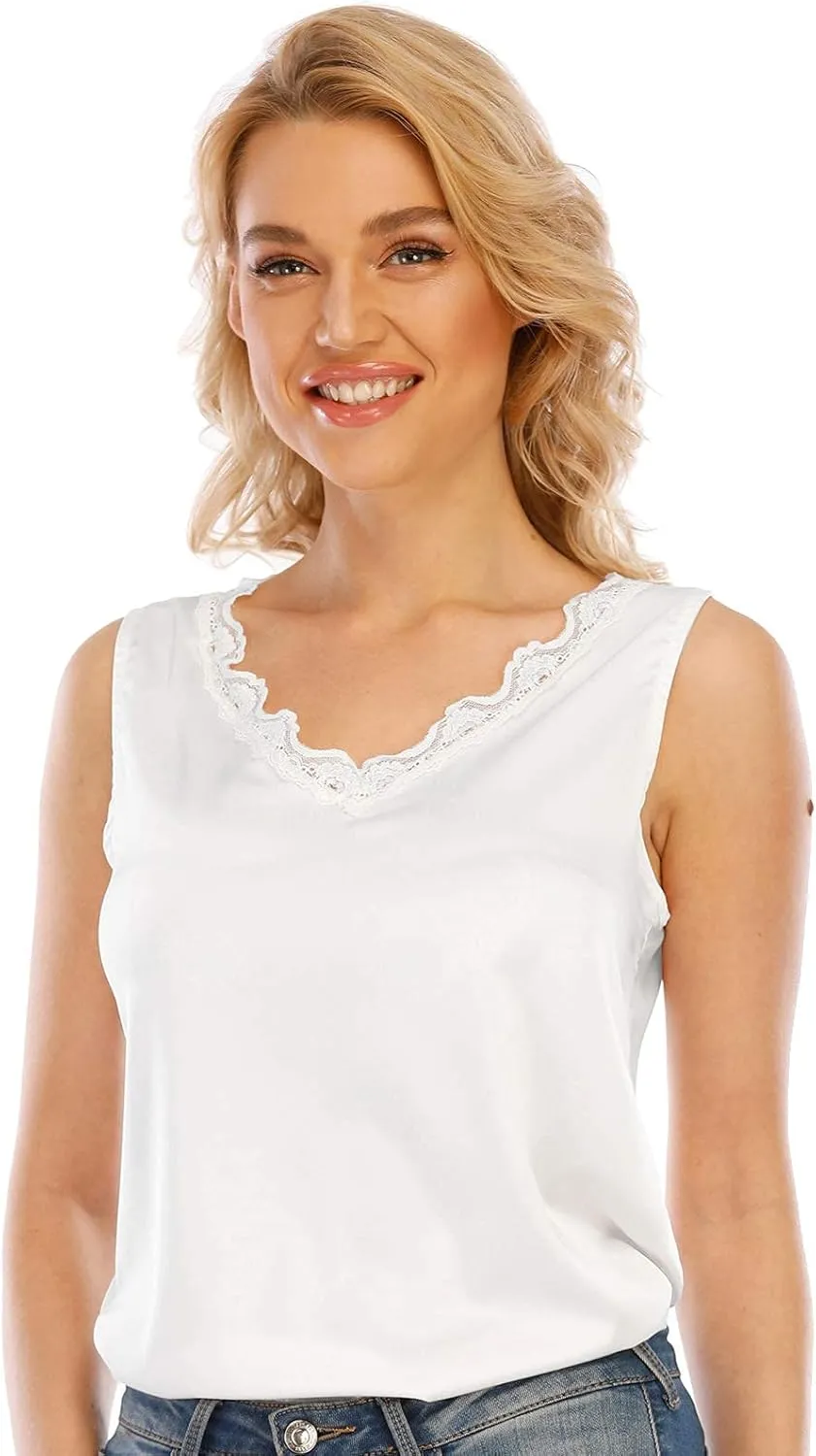 Miqieer Women's Silk V Neck Camisole Lace Racerback Tank Tops Casual Loose Sleeveless Blouse Shirts