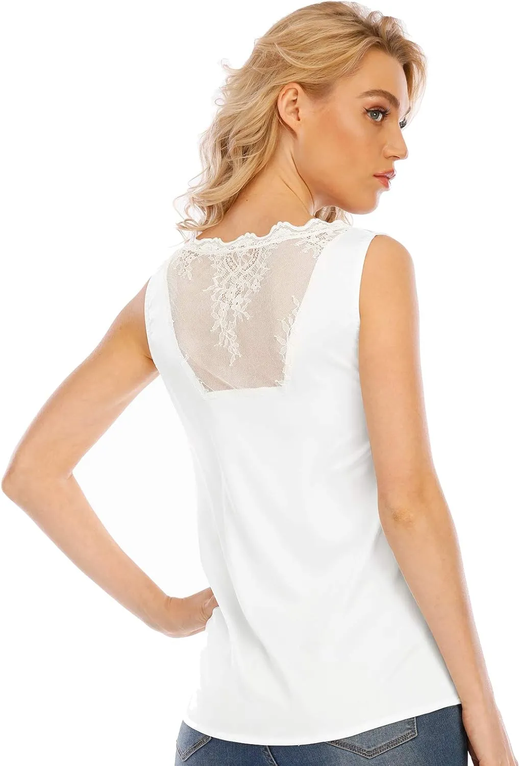 Miqieer Women's Silk V Neck Camisole Lace Racerback Tank Tops Casual Loose Sleeveless Blouse Shirts