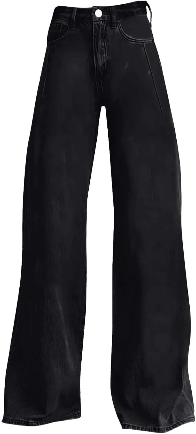 Oplxuo Wide Leg Pants for Women Trendy High Waisted Flare Jeans Stretchy Baggy Denim Pants with 2 Pockets
