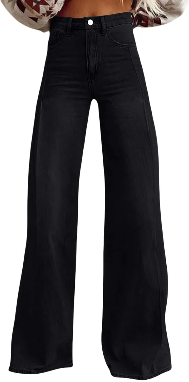 Oplxuo Wide Leg Pants for Women Trendy High Waisted Flare Jeans Stretchy Baggy Denim Pants with 2 Pockets