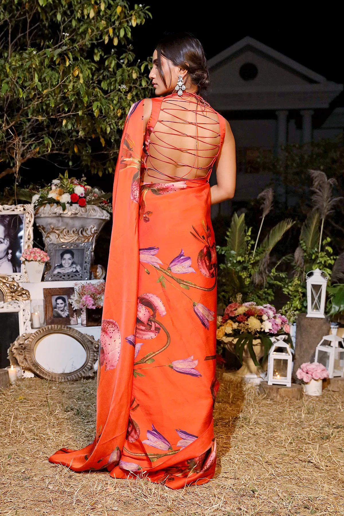 Orange printed saree set