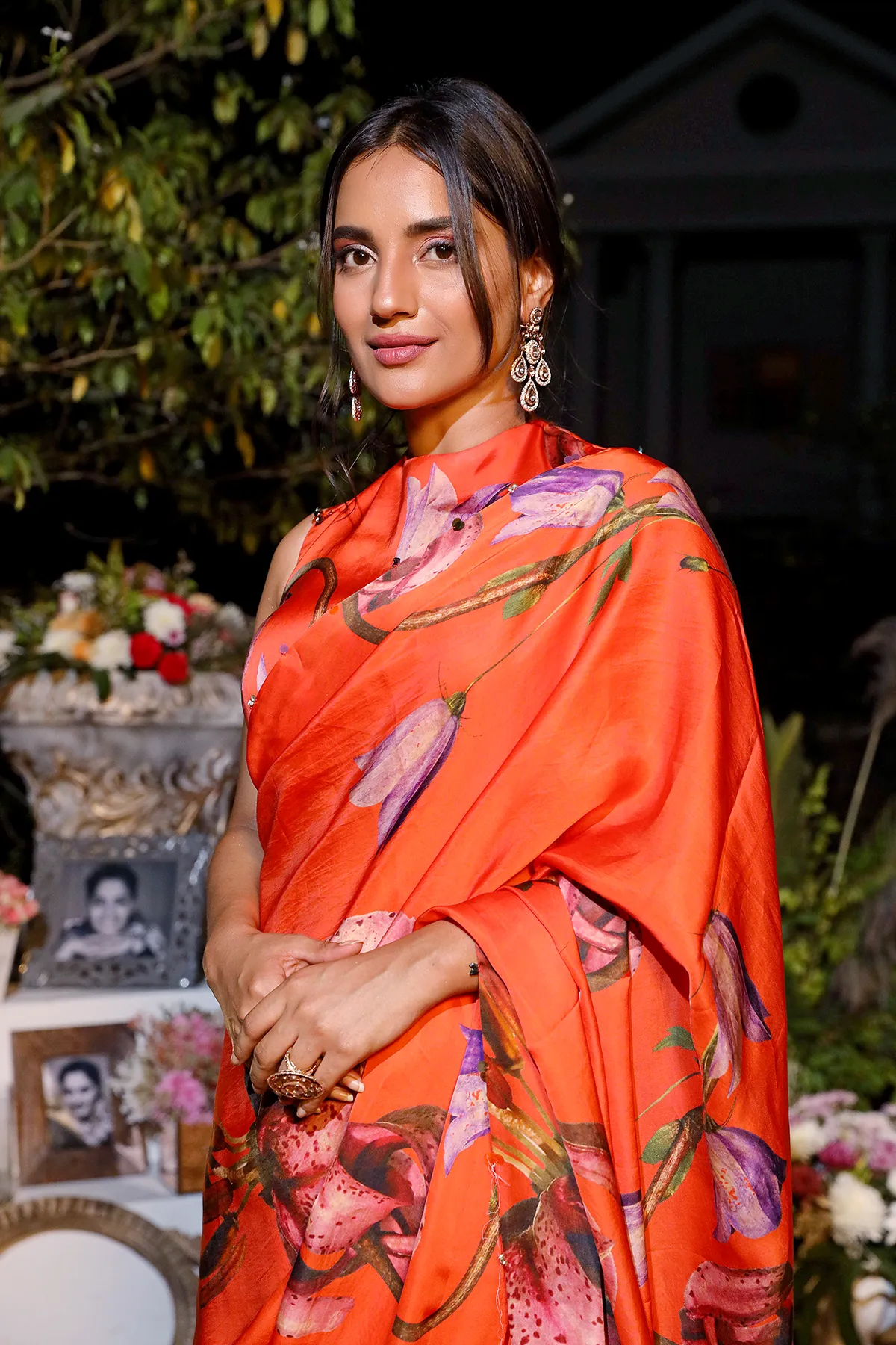 Orange printed saree set