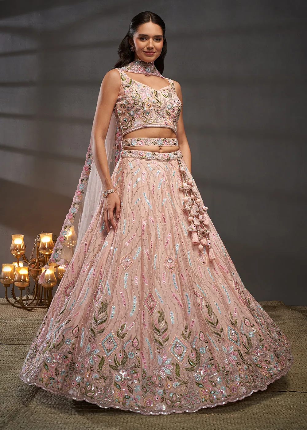 Peach Poly Chiffon Embroidered Bridesmaids Lehenga Choli