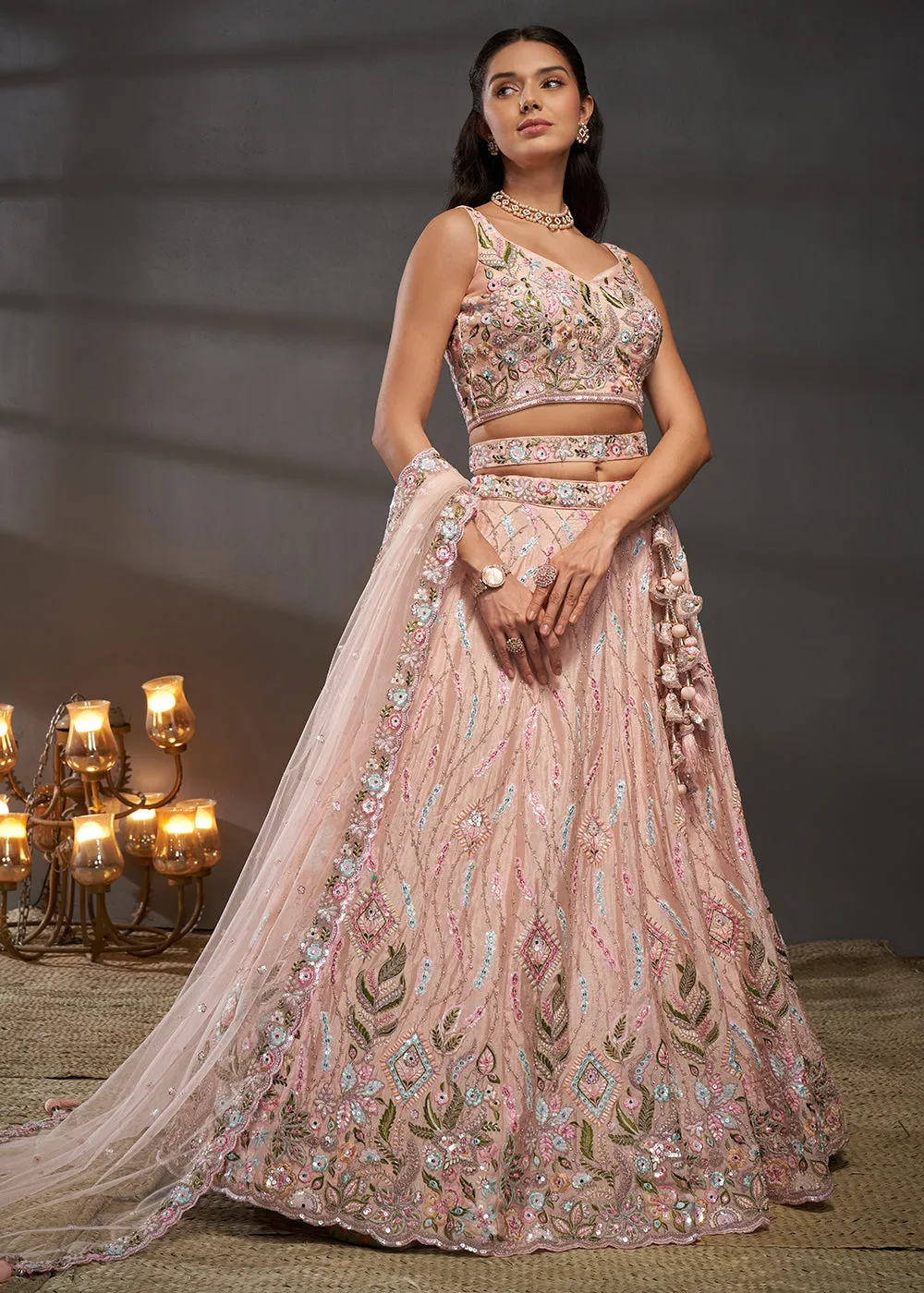 Peach Poly Chiffon Embroidered Bridesmaids Lehenga Choli