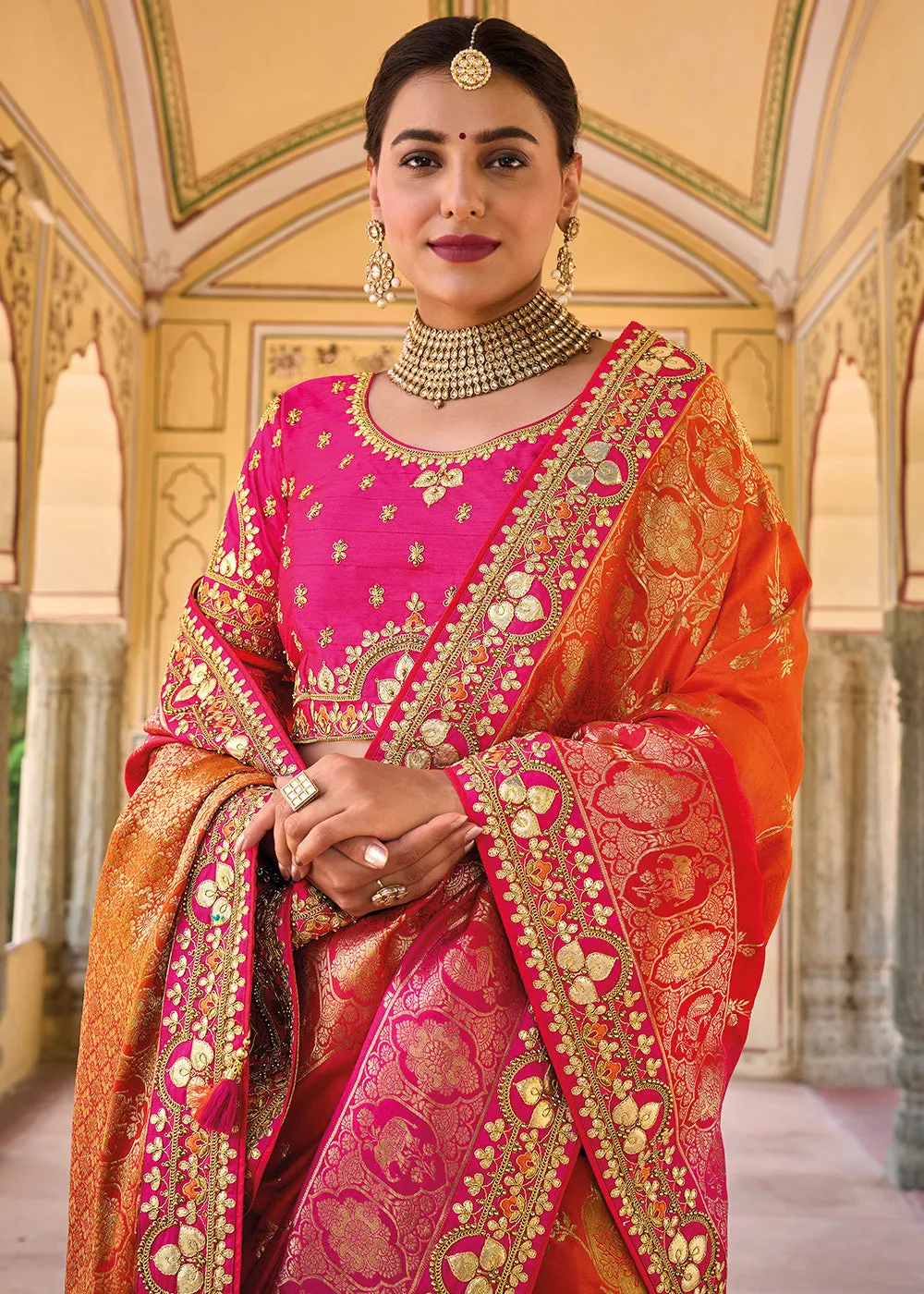 Pink & Orange Dola Silk Saree with Beautiful Embroidery work: Wedding Edition