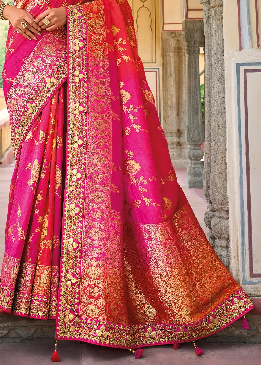Pink & Orange Dola Silk Saree with Beautiful Embroidery work: Wedding Edition
