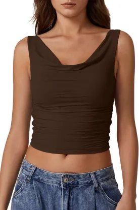 QINSEN Women's Cowl Neck Top Sleeveless Ruched Double Lined Crop Top Y2k T Shirts