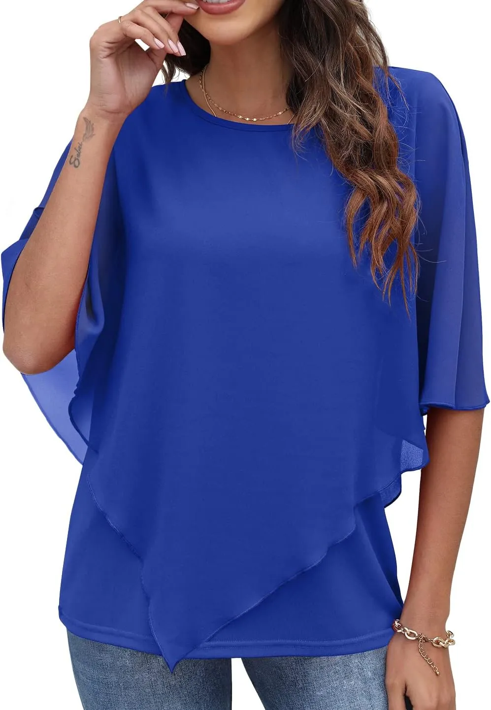 QIXING Women's Summer Casual Loose Chiffon Flowy Tops Elegant Blouses