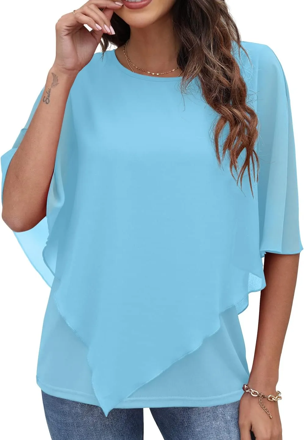 QIXING Women's Summer Casual Loose Chiffon Flowy Tops Elegant Blouses