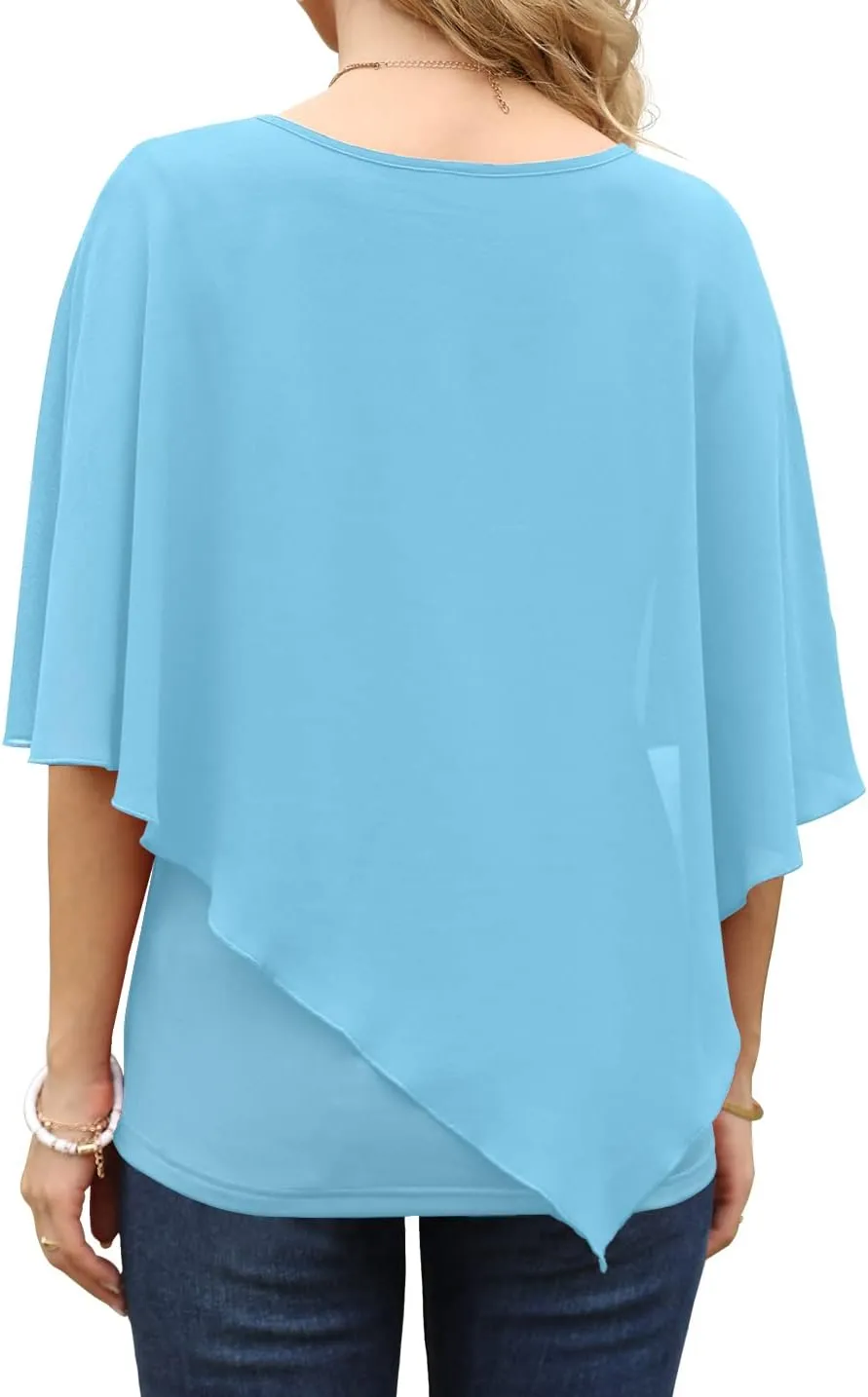 QIXING Women's Summer Casual Loose Chiffon Flowy Tops Elegant Blouses