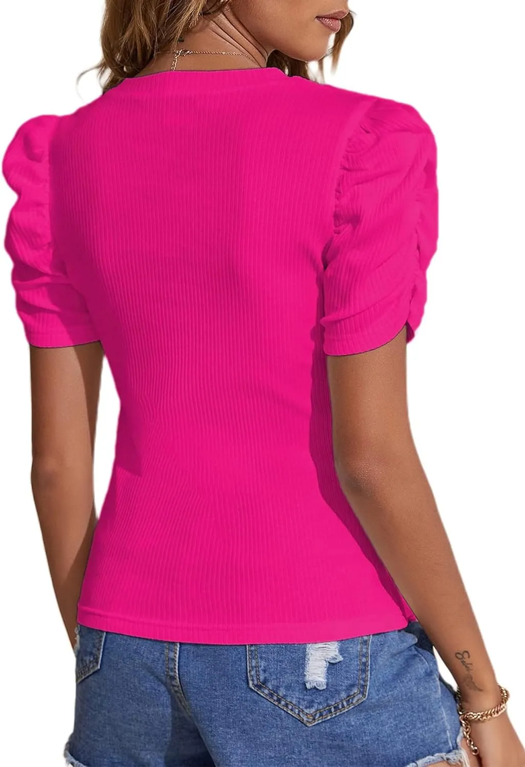 Remidoo Women's Casual Puff Short Sleeve Top Crewneck Solid Slim Fit T Shirt Blouse