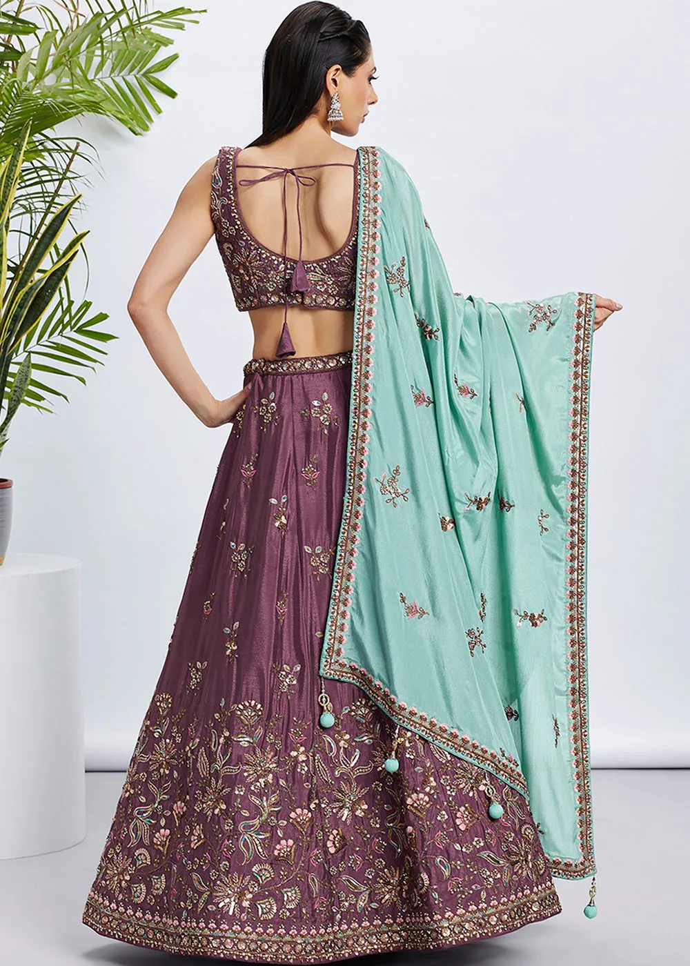Rose Gold Pure Chiffon Sequins & Thread Designer Lehenga Choli
