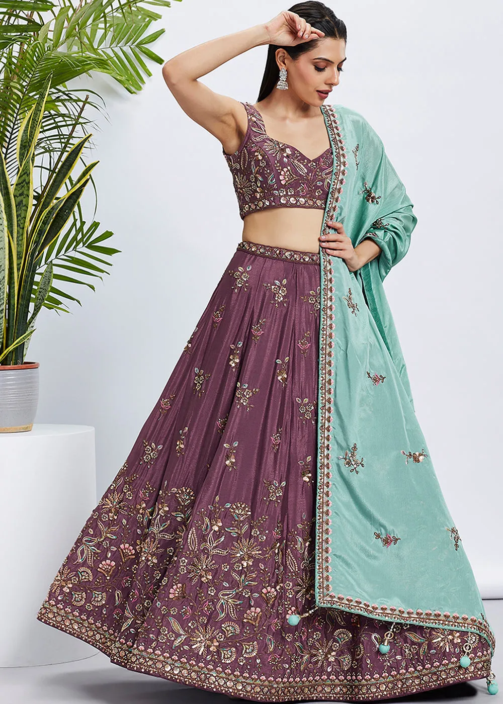 Rose Gold Pure Chiffon Sequins & Thread Designer Lehenga Choli