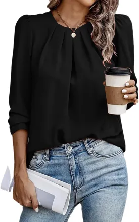 Samefar Womens Tops Dressy Casual Pleated Crew Neck Long Sleeve Shirts Office Work Chiffon Blouses