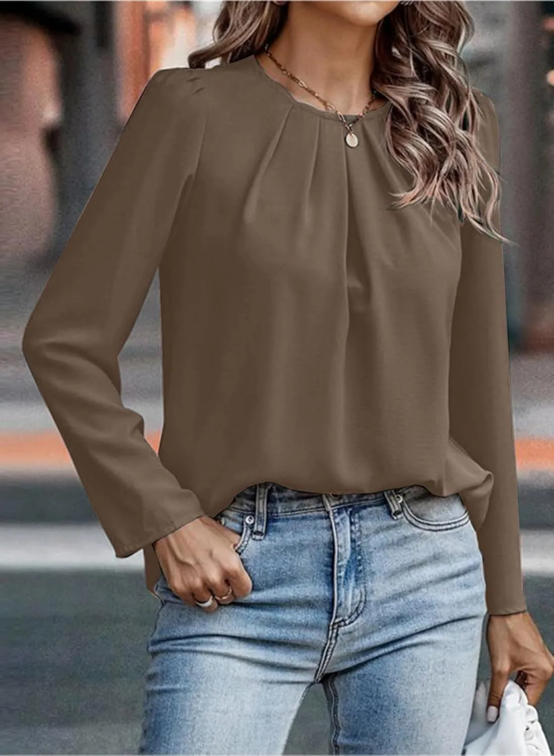 Samefar Womens Tops Dressy Casual Pleated Crew Neck Long Sleeve Shirts Office Work Chiffon Blouses