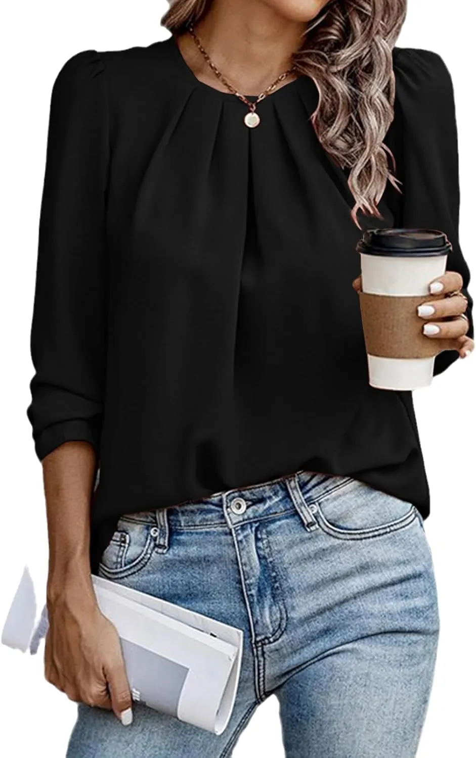 Samefar Womens Tops Dressy Casual Pleated Crew Neck Long Sleeve Shirts Office Work Chiffon Blouses