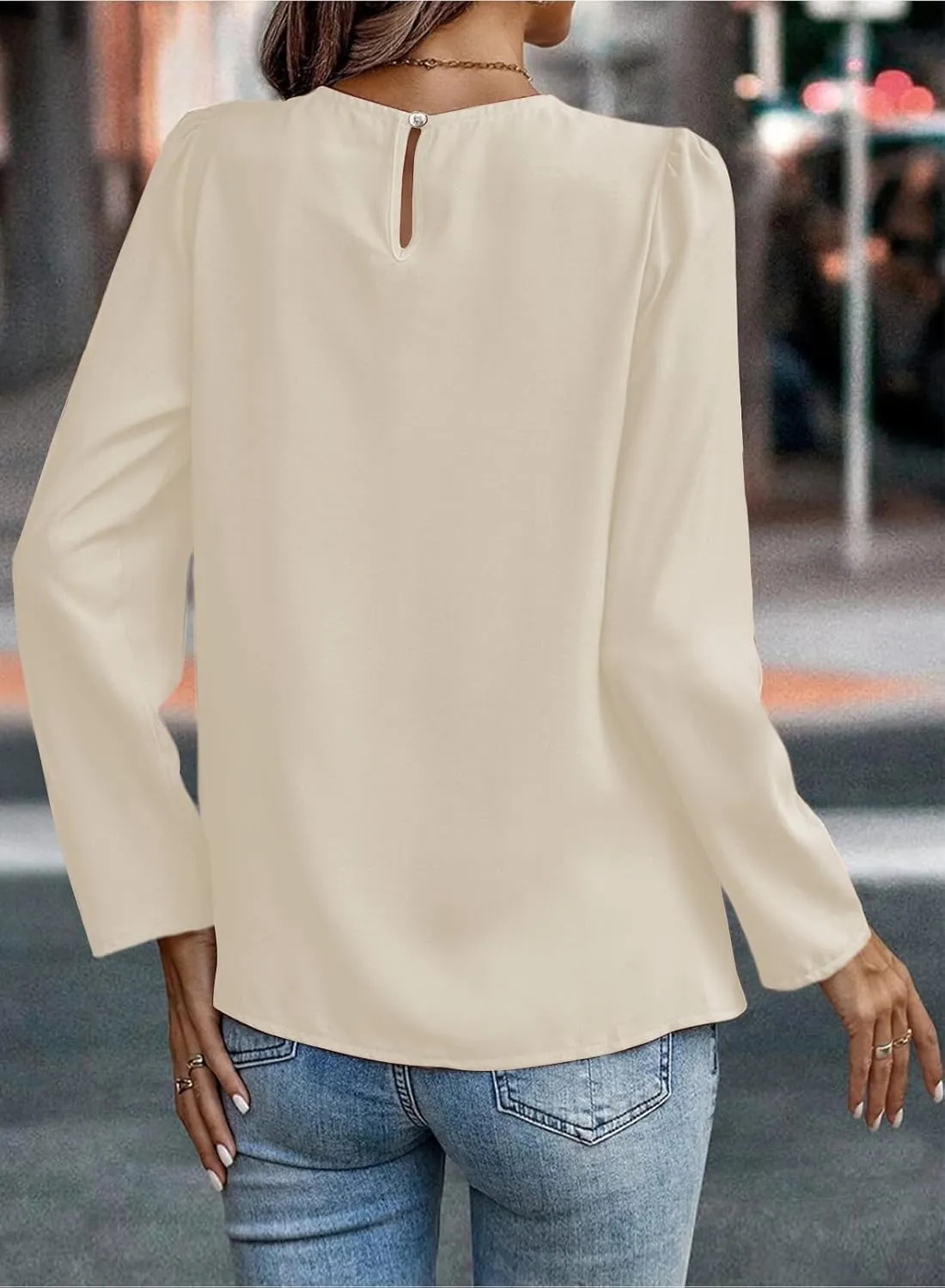 Samefar Womens Tops Dressy Casual Pleated Crew Neck Long Sleeve Shirts Office Work Chiffon Blouses