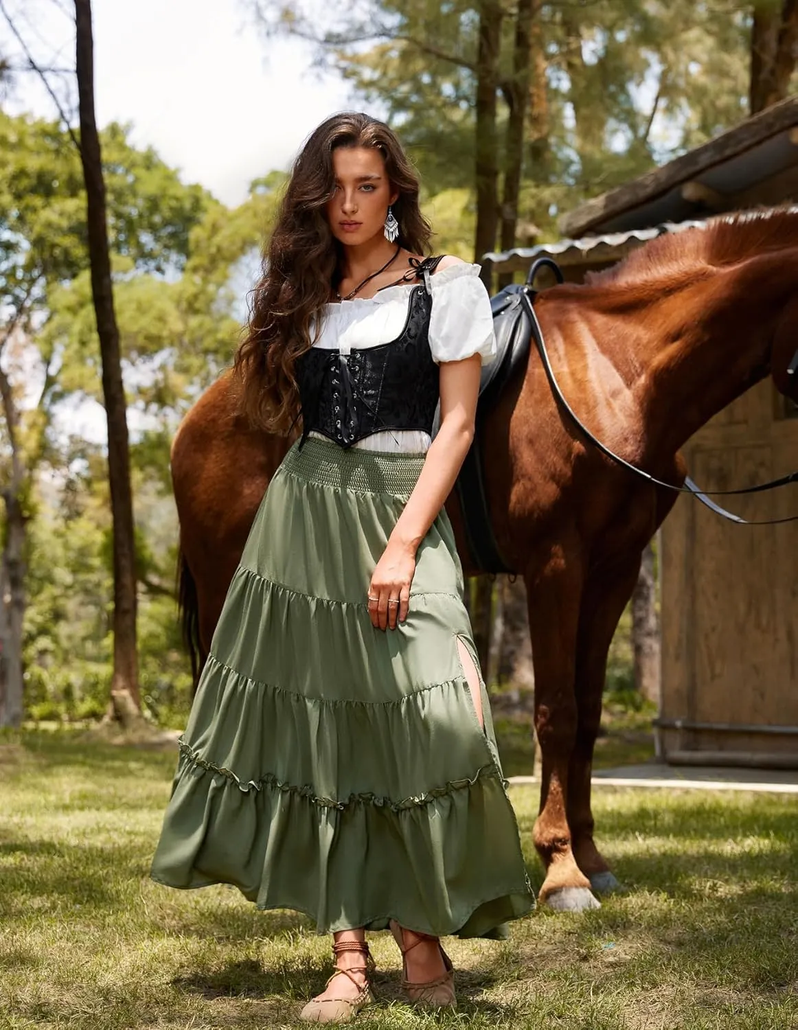 Scarlet Darkness Renaissance Skirt High Waisted Maxi Skirts for Women Tiered Long Skirt