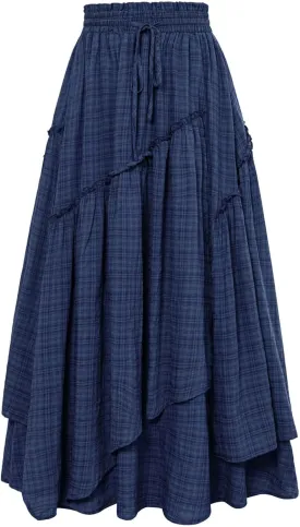 Scarlet Darkness Women Plaid Skirt High Waist A Line Tiered Long Skirt with Pockets