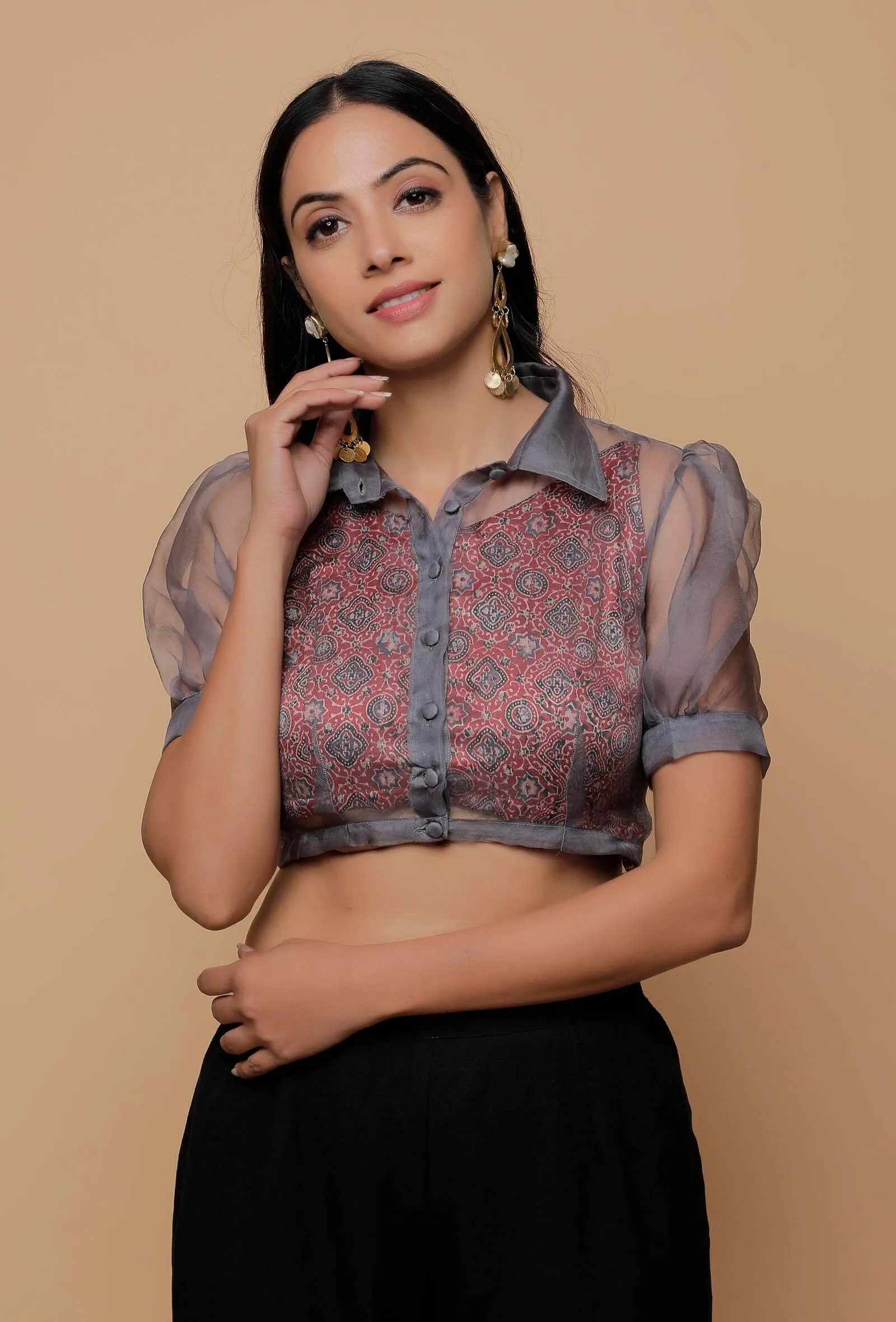 Set of 2 - Grey Organza Silk Shirt Collar Puffed Sleeve Blouse With Maroon Mashru Ajrakh Spagette Strap
