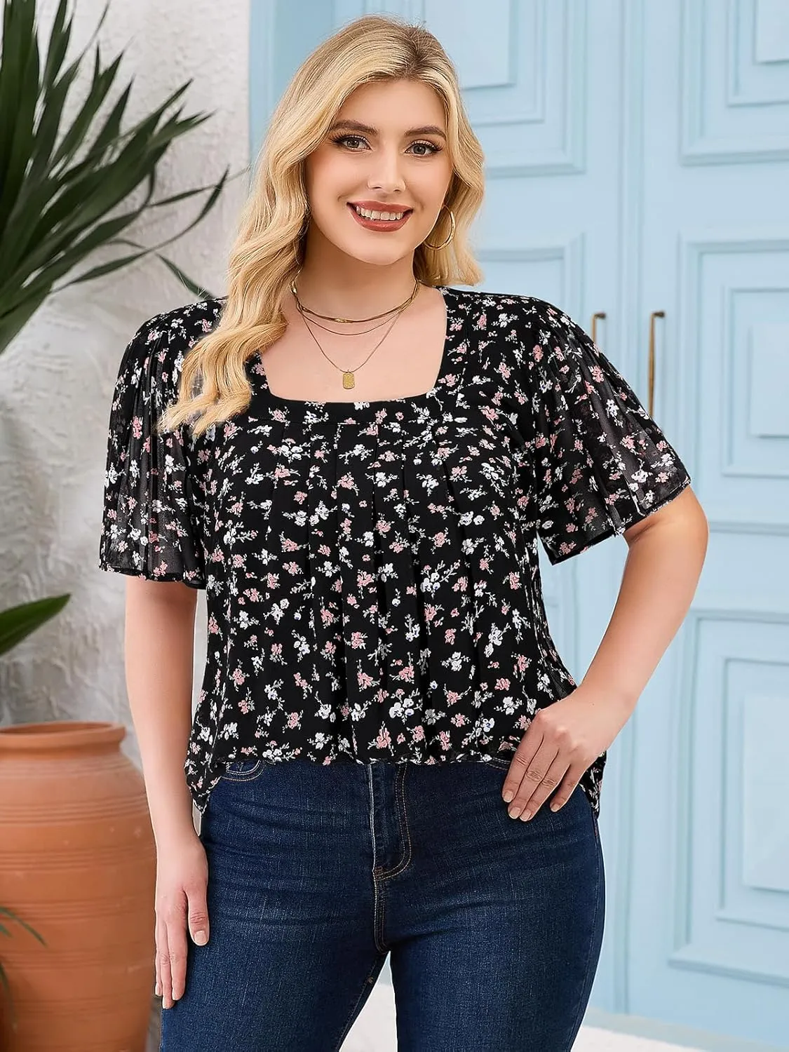 Siddhe Plus Size Chiffon Tops for Women Short Sleeve Square Neck Summer Dressy Blouses Loose Tunic