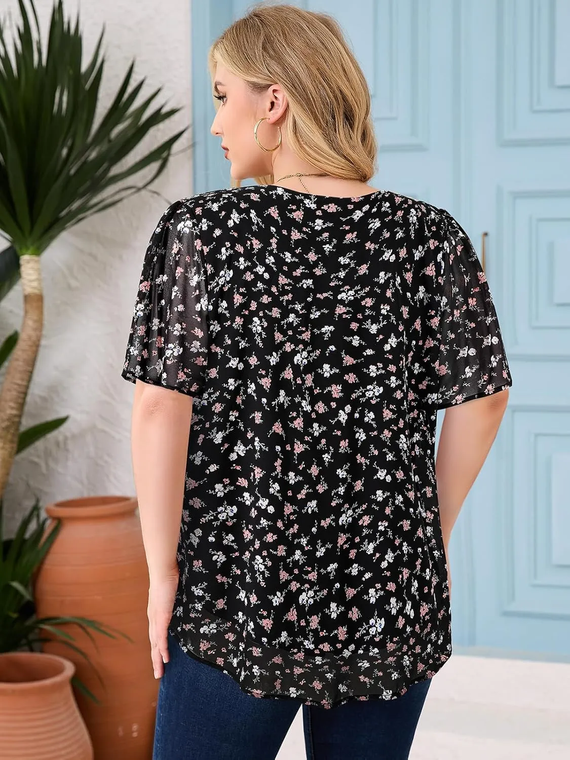 Siddhe Plus Size Chiffon Tops for Women Short Sleeve Square Neck Summer Dressy Blouses Loose Tunic