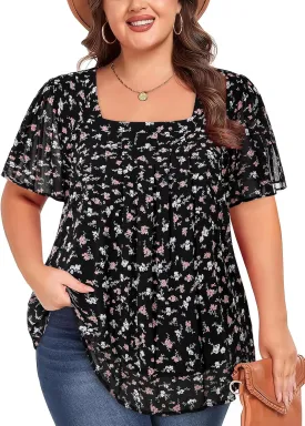 Siddhe Plus Size Chiffon Tops for Women Short Sleeve Square Neck Summer Dressy Blouses Loose Tunic