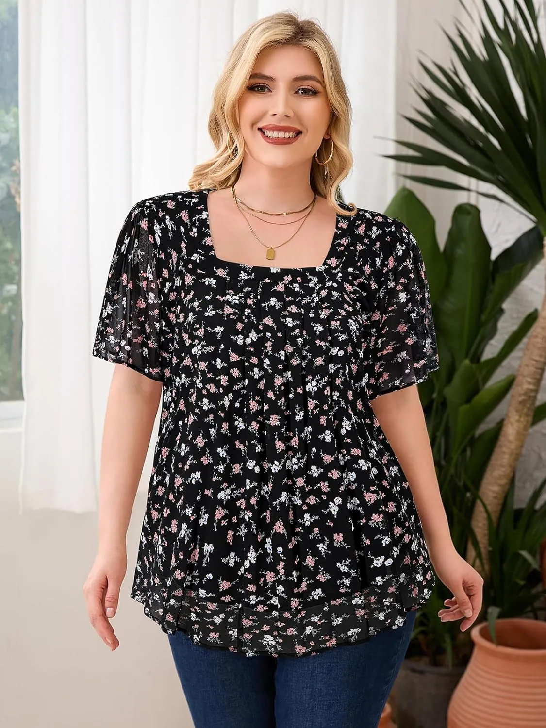 Siddhe Plus Size Chiffon Tops for Women Short Sleeve Square Neck Summer Dressy Blouses Loose Tunic