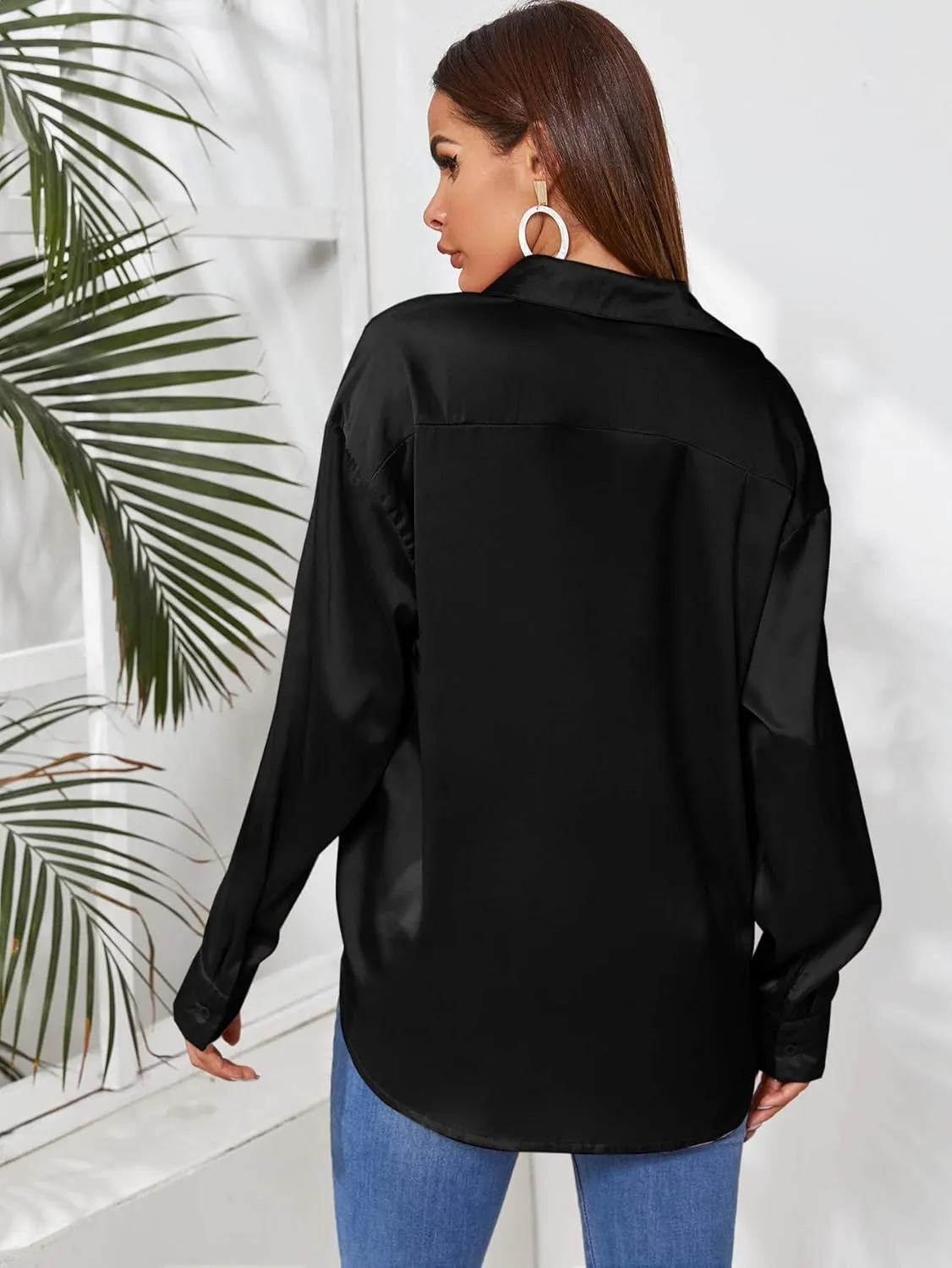 SOLY HUX Women's Satin Silk Long Sleeve Button Down Shirt Formal Work Blouse Top