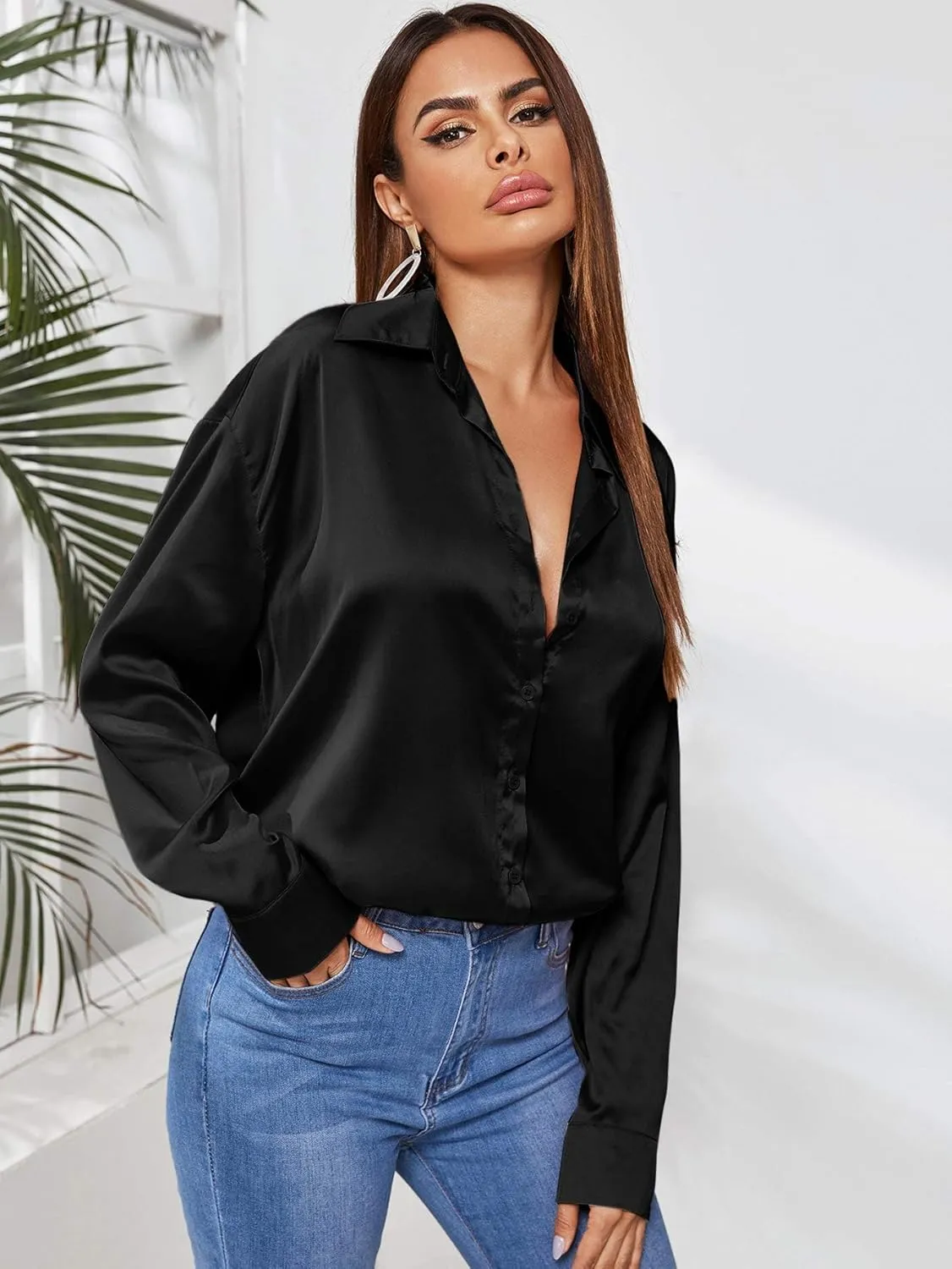 SOLY HUX Women's Satin Silk Long Sleeve Button Down Shirt Formal Work Blouse Top