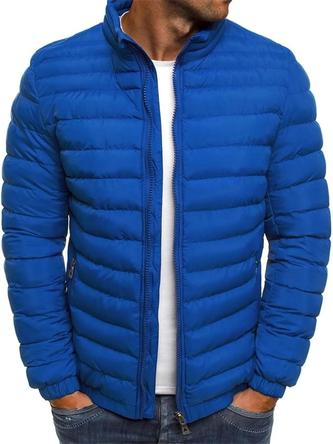 tuduoms Men's Down Jacket No Hood Winter Fashion Stand Collar Bomber Jacket Casual Quilted Lightweight Snow Ski Puffer Coat