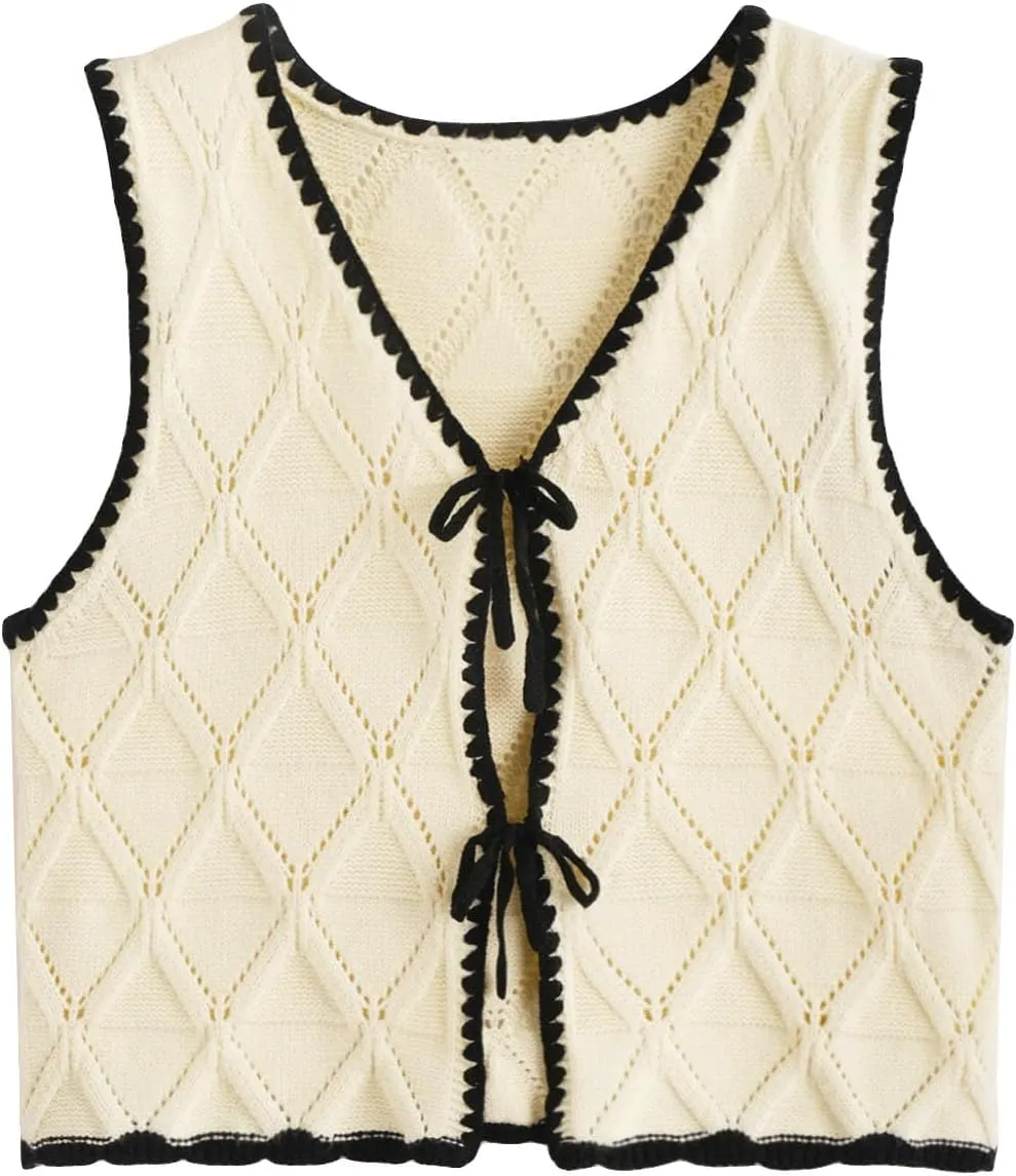 Verdusa Women's Old Money Bow Tie Crochet Sweater Vest Contrast Binding Knot Front V Neck Knit Top