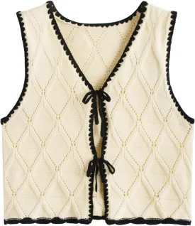 Verdusa Women's Old Money Bow Tie Crochet Sweater Vest Contrast Binding Knot Front V Neck Knit Top