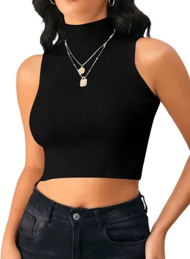 Verdusa Women's Sleeveless High Mock Neck Ribbed Fitted Solid Crop Tank Top