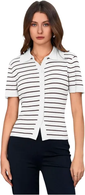 Verdusa Women's Striped Ribbed Knit Button Down Sweater Top Collar Short Sleeve Tee