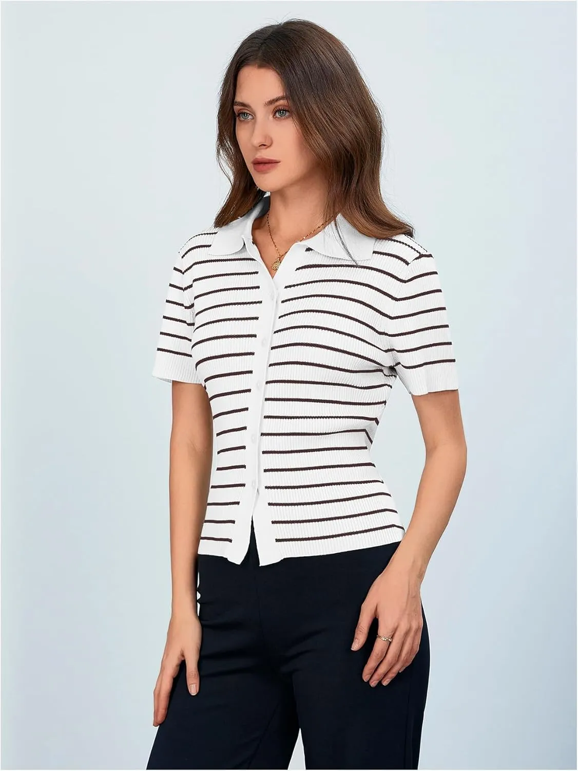 Verdusa Women's Striped Ribbed Knit Button Down Sweater Top Collar Short Sleeve Tee