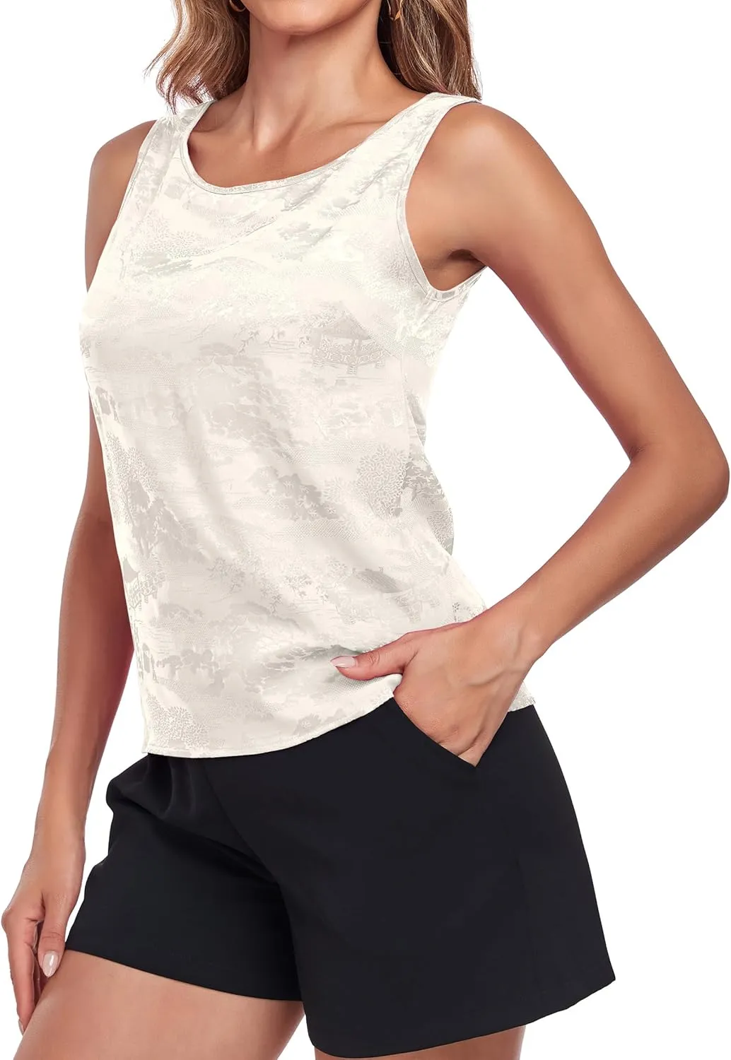 Wantschun Womens Silk Satin Tank Tops Round Neck Jacquard Camisole Summer Basic Tank Shirt Sleeveless Blouse