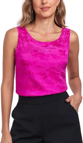 Wantschun Womens Silk Satin Tank Tops Round Neck Jacquard Camisole Summer Basic Tank Shirt Sleeveless Blouse