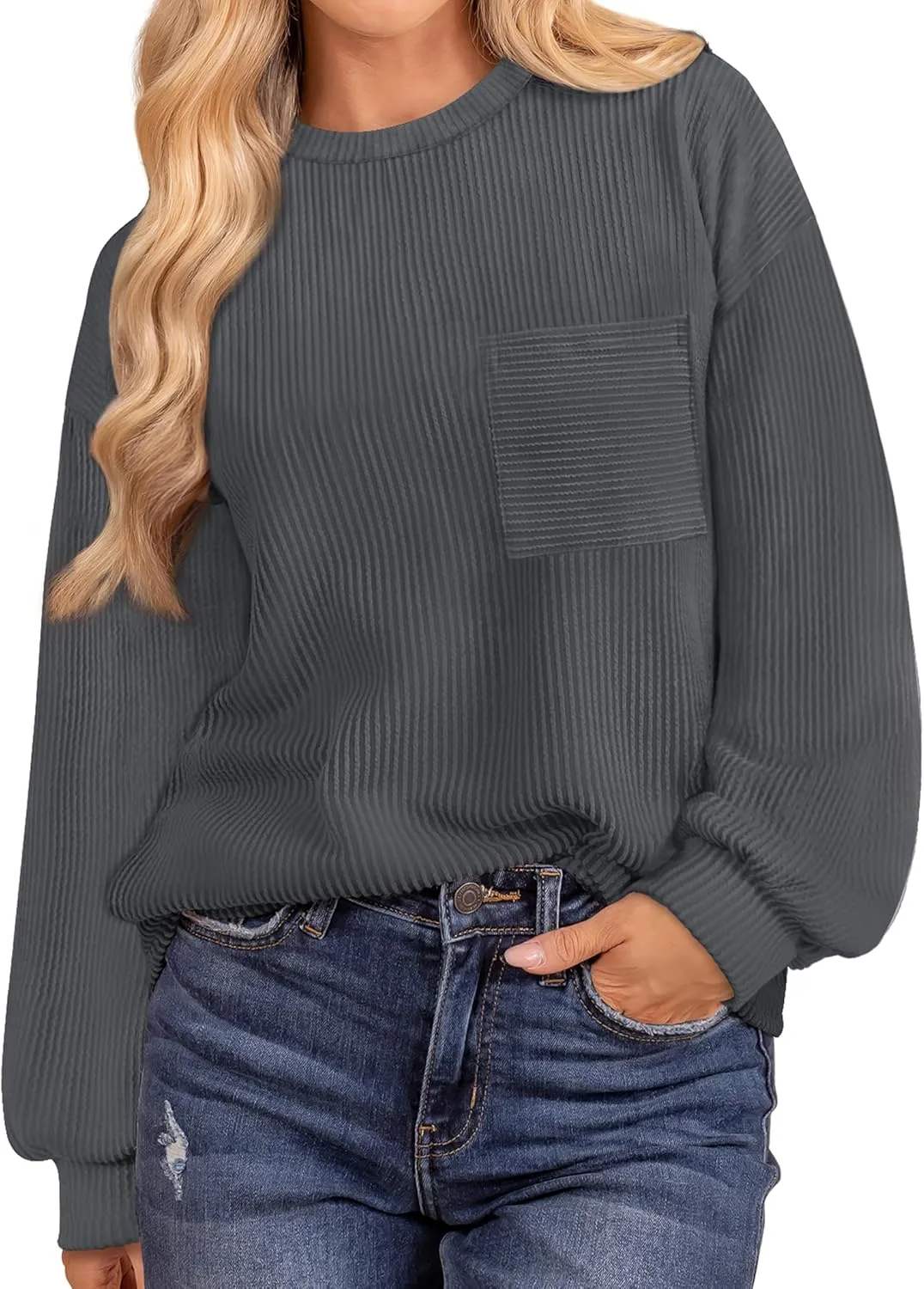 WIHOLL Womens Fall Fashion 2024 Color Block Long Sleeve Crewneck Knitted Ribbed Shirts Tunic Tops Casual Loose Trendy
