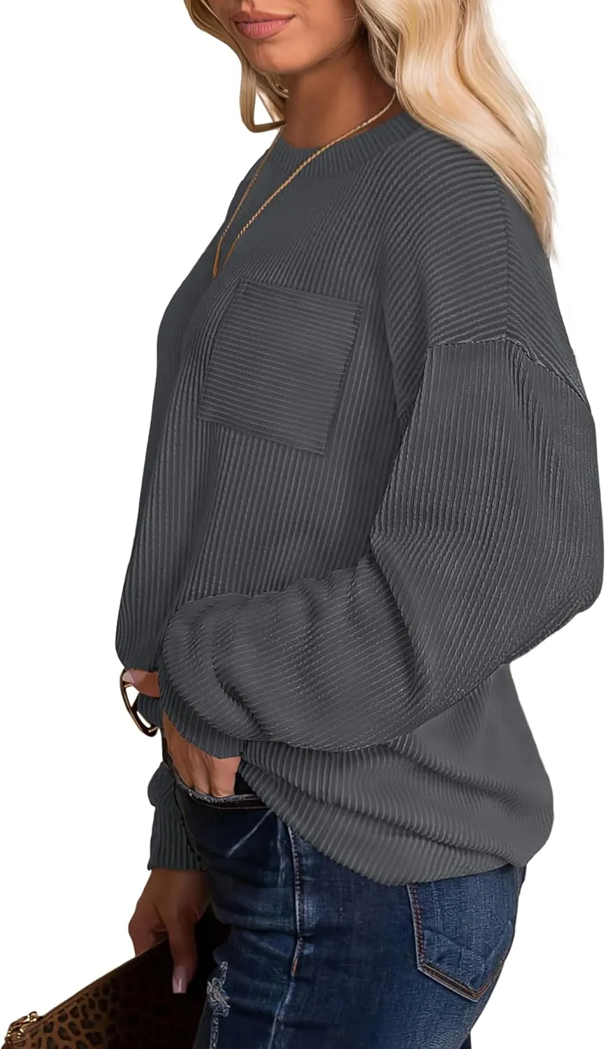 WIHOLL Womens Fall Fashion 2024 Color Block Long Sleeve Crewneck Knitted Ribbed Shirts Tunic Tops Casual Loose Trendy