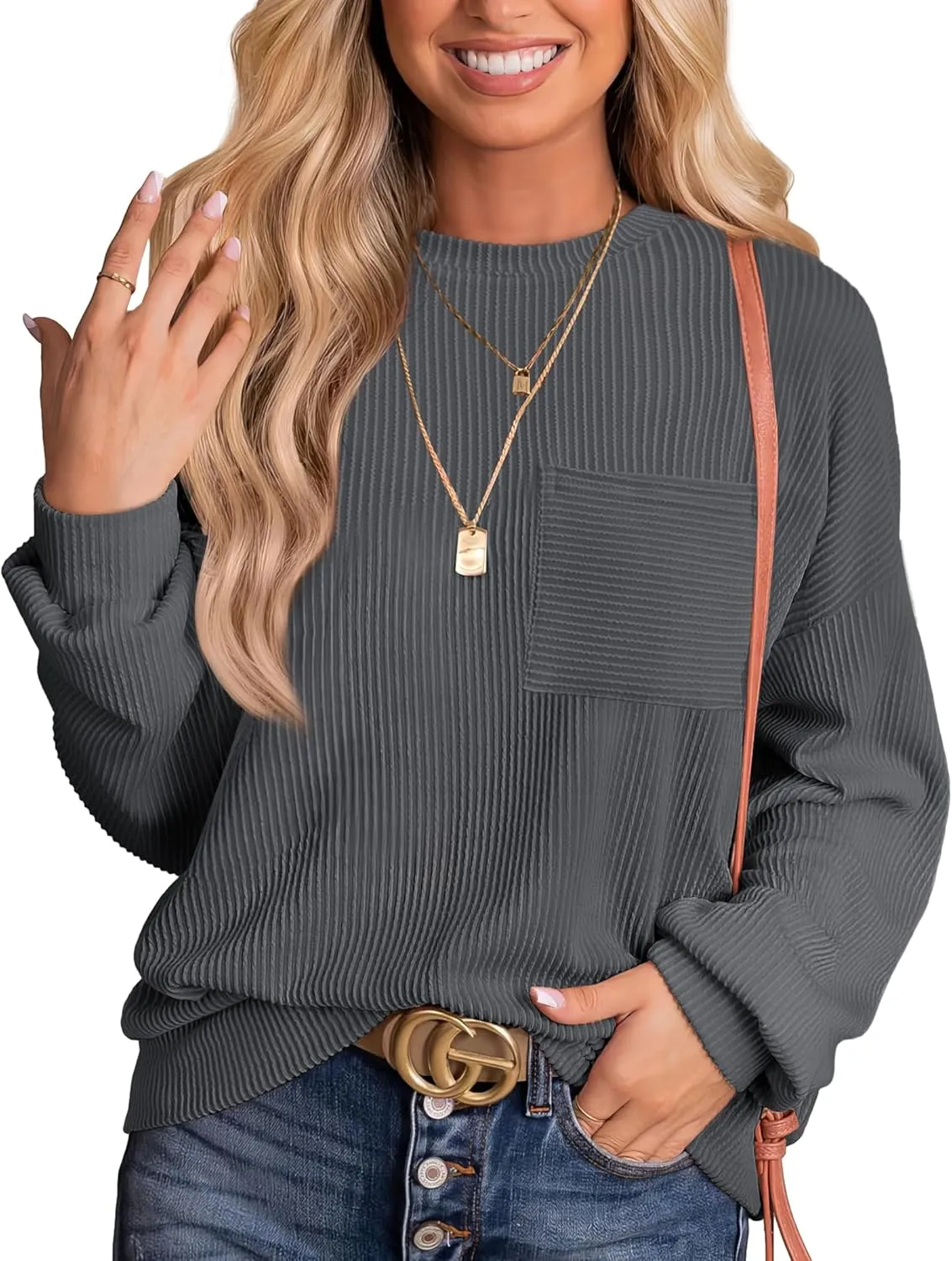 WIHOLL Womens Fall Fashion 2024 Color Block Long Sleeve Crewneck Knitted Ribbed Shirts Tunic Tops Casual Loose Trendy