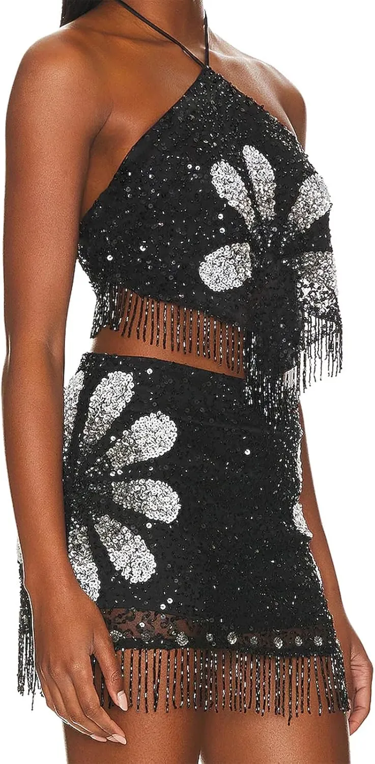 Women Sequin Halter Cami Top Sleeveless Beaded Rhinestone Sparkly Tanks Y2k Shiny Glitter Backless Party Crop Tops