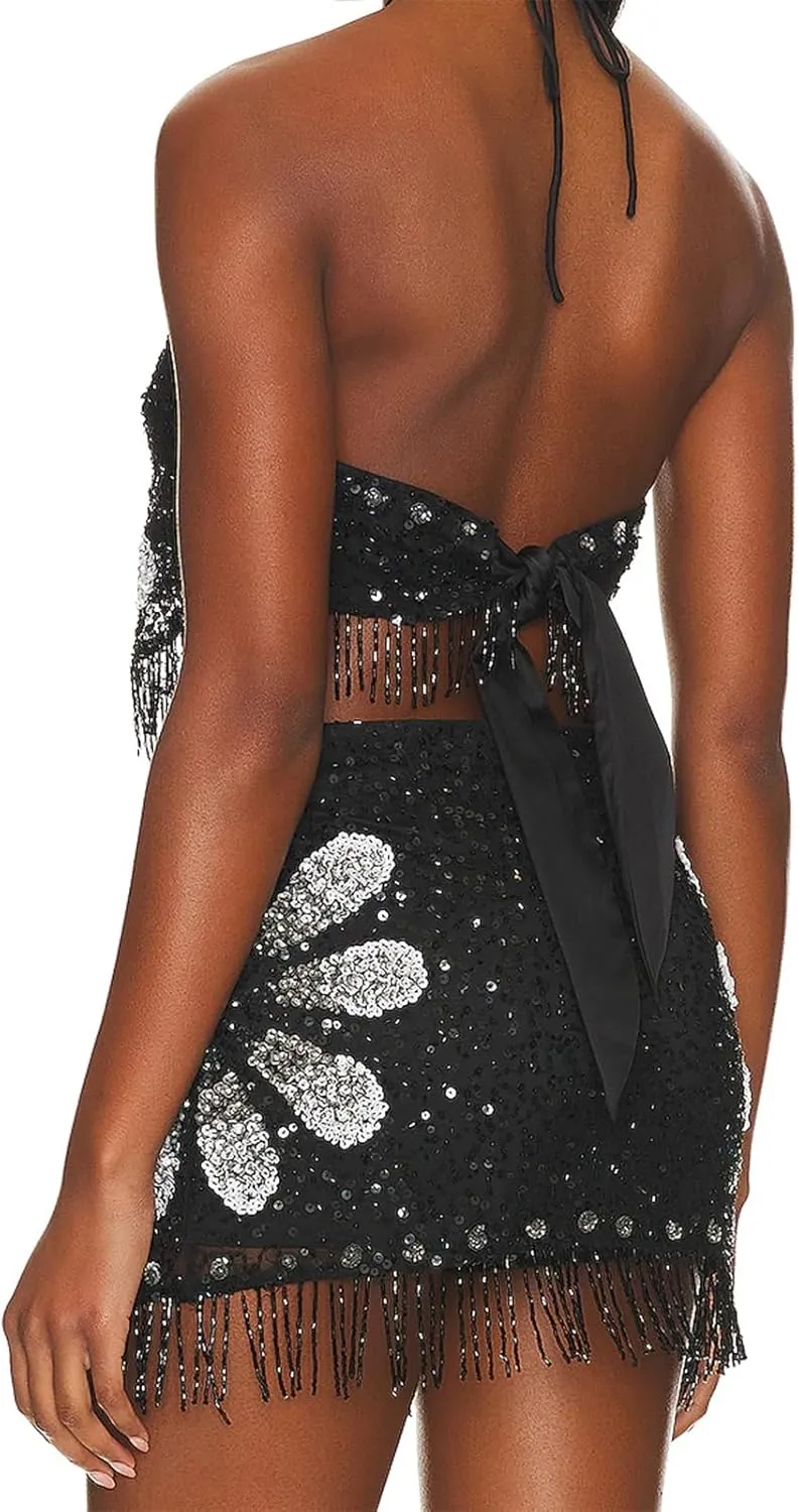 Women Sequin Halter Cami Top Sleeveless Beaded Rhinestone Sparkly Tanks Y2k Shiny Glitter Backless Party Crop Tops