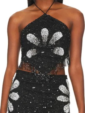 Women Sequin Halter Cami Top Sleeveless Beaded Rhinestone Sparkly Tanks Y2k Shiny Glitter Backless Party Crop Tops