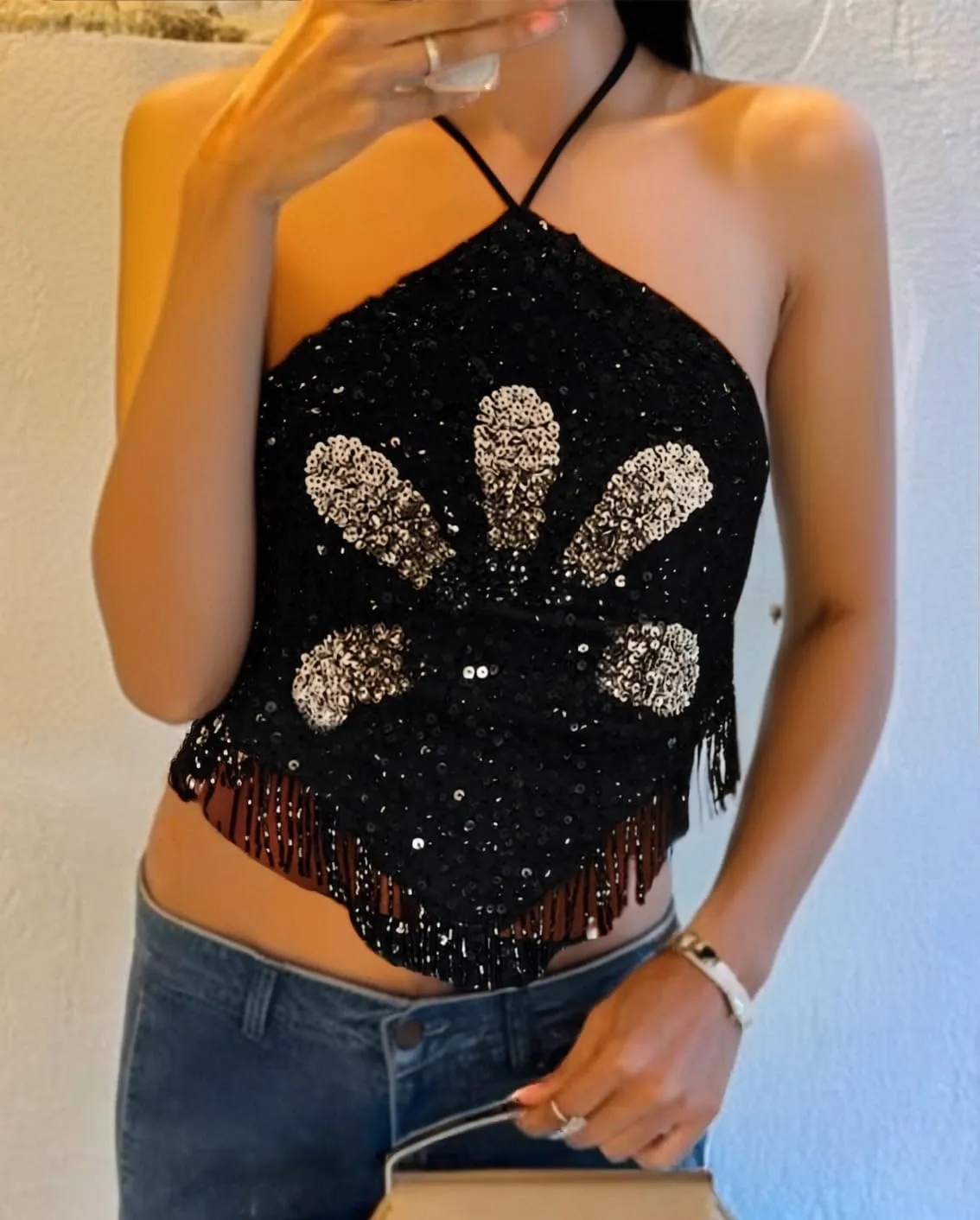 Women Sequin Halter Cami Top Sleeveless Beaded Rhinestone Sparkly Tanks Y2k Shiny Glitter Backless Party Crop Tops
