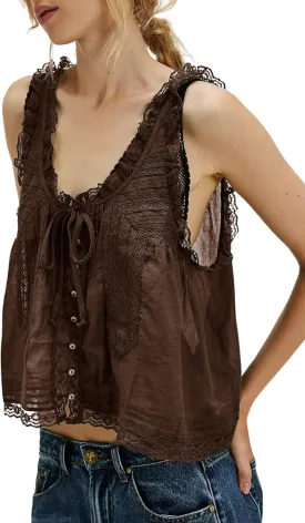 Women Sleeveless Ruffled Lace Trim Chiffon Crop Top Scoop Neck Flowy Button Down Front Tie Mesh Crop Tank Top