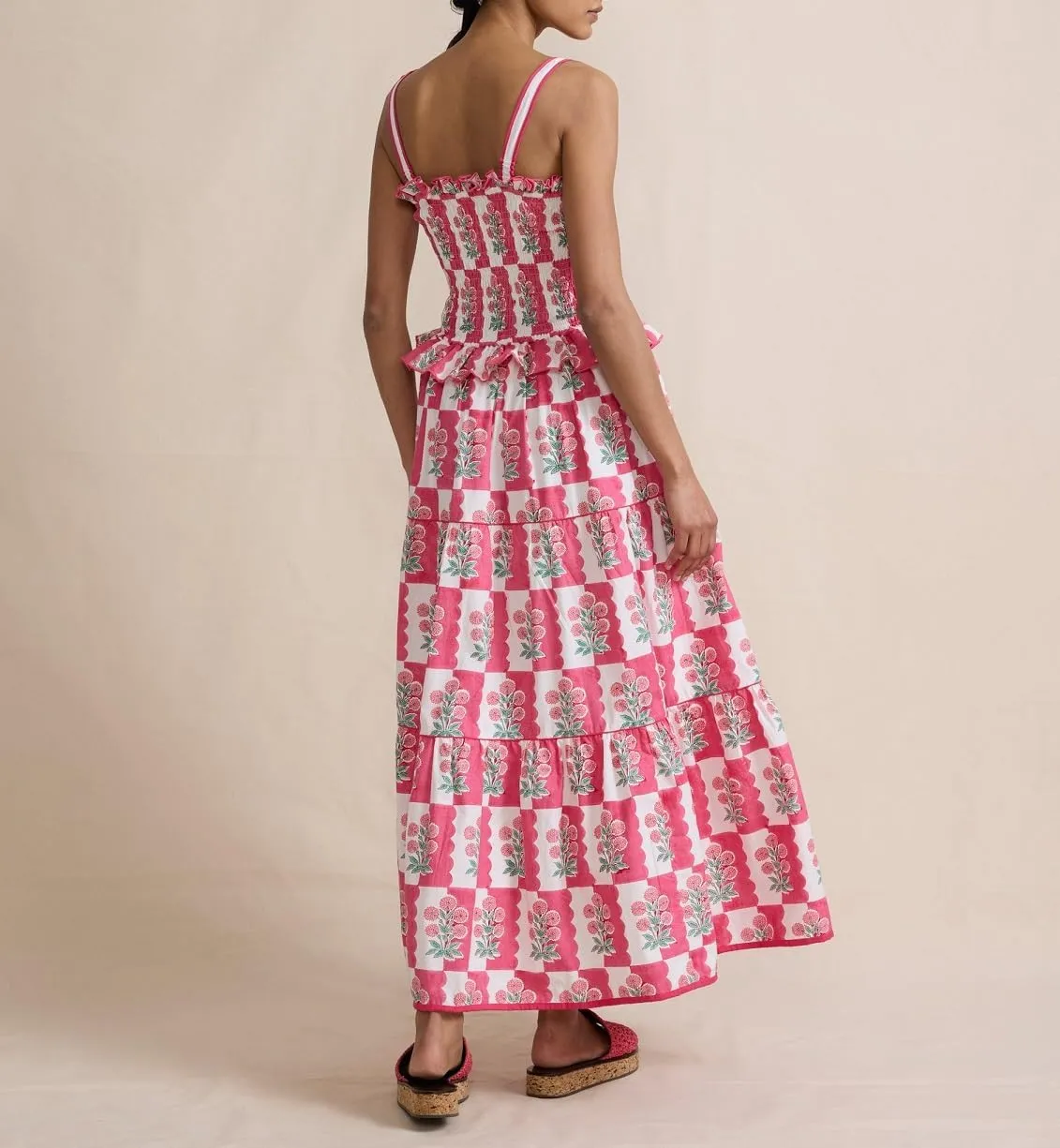 Women Summer Boho Tie Shoulder Dress Y2k Floral Smocked Flowy Long Dress Ruffle Tiered Beach Vocation Sundress