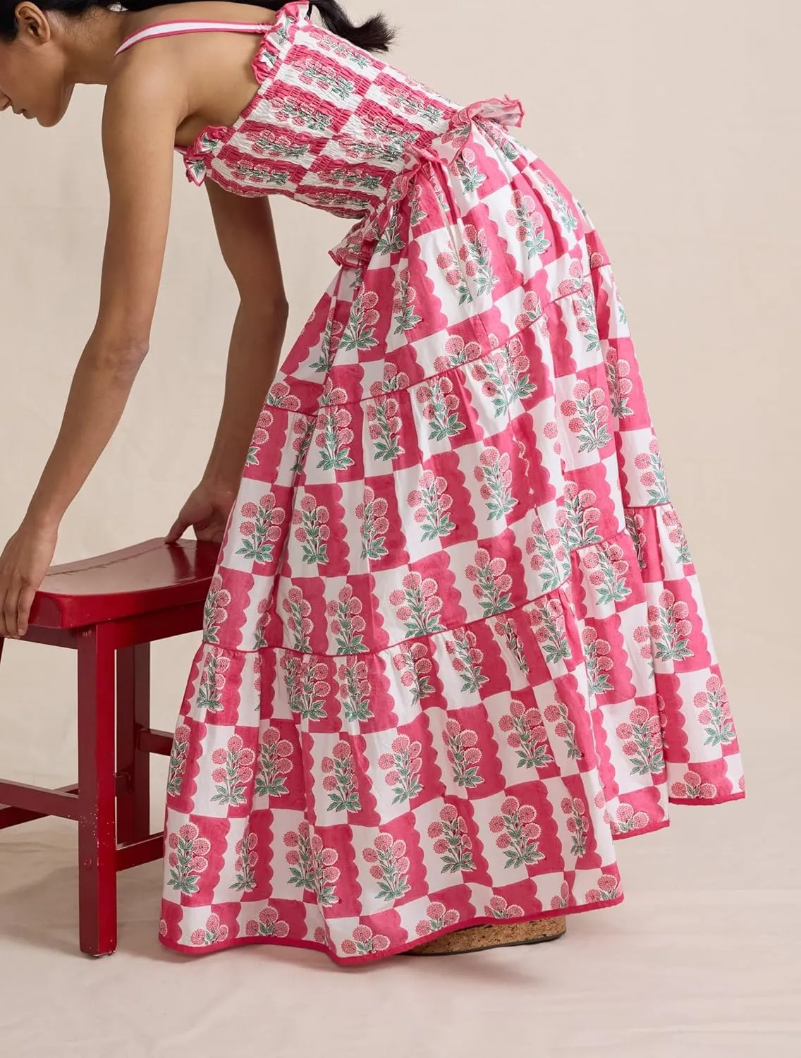 Women Summer Boho Tie Shoulder Dress Y2k Floral Smocked Flowy Long Dress Ruffle Tiered Beach Vocation Sundress